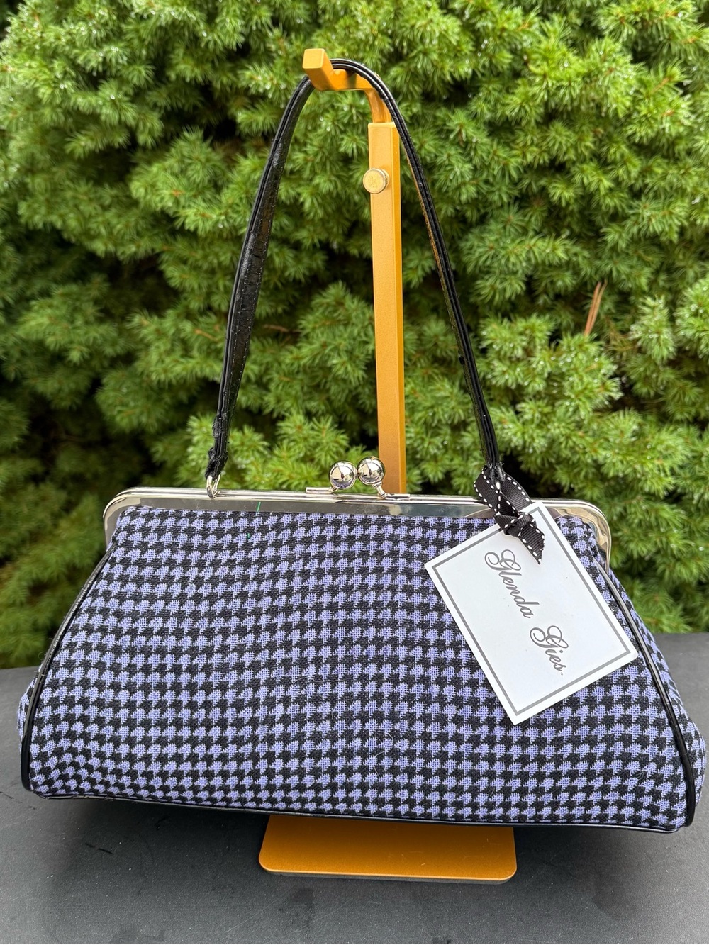 Glenda Gies Houndstooth Frame-Handbag in Black & Lilac NWT